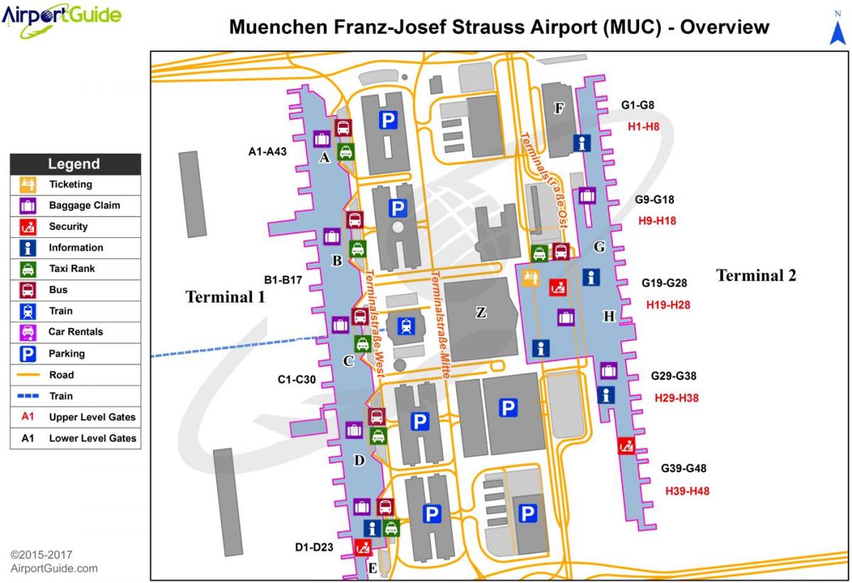 म्यूनिख में अंतरराष्ट्रीय हवाई अड्डे का नक्शा